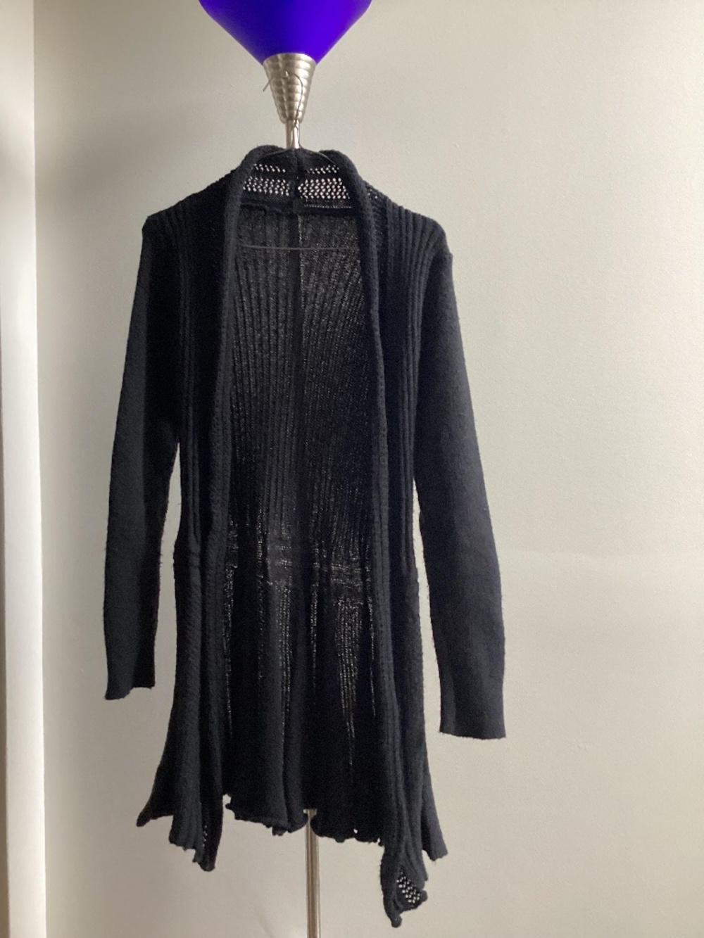 Black flared long open front cardigan